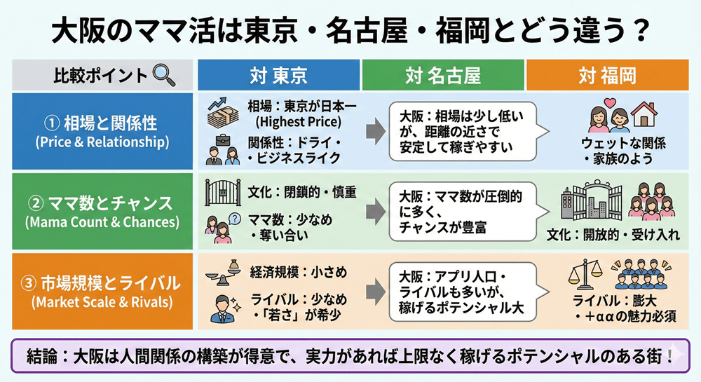 【比較】大阪のママ活は東京・名古屋・福岡とどう違う?
