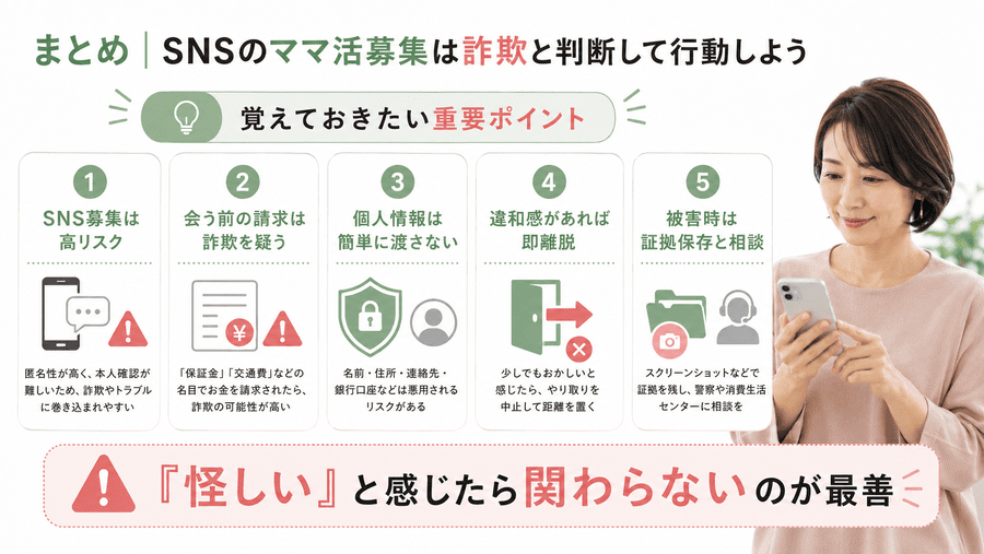 まとめ｜SNSのママ活募集は詐欺と判断して行動しよう